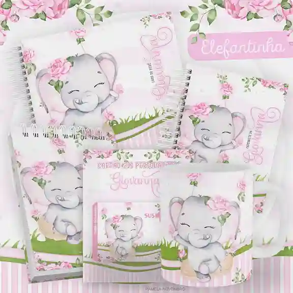 Caderneta e livro do bebê Elefantinho para imprimir em caderno de anotações com capa em PNG e miolo em PDF