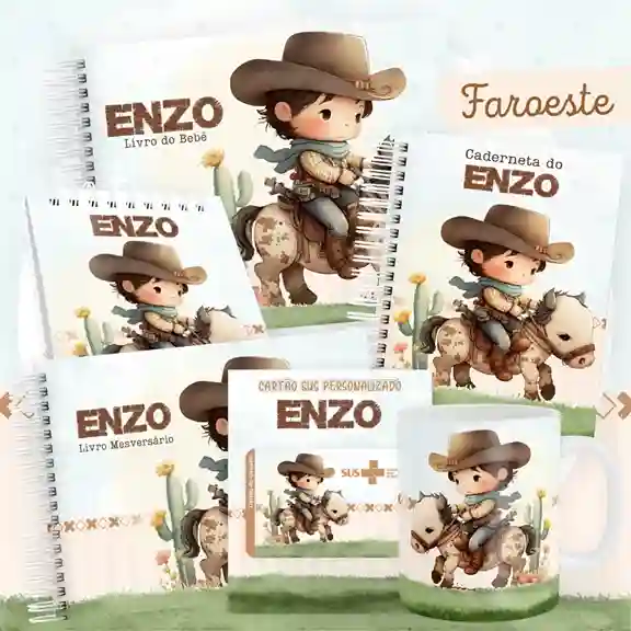 Caderneta e livro do bebê Faroeste para imprimir em caderno de anotações com capa em PNG e miolo em PDF