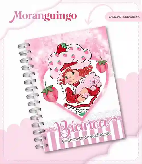 Caderneta e livro do bebê Moranguinho para imprimir em caderno de anotações com capa em PNG e miolo em PDF