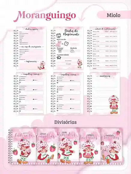Caderno do bebê e caderneta Moranguinho para imprimir em caderno de anotações com capa em PNG e miolo em PDF