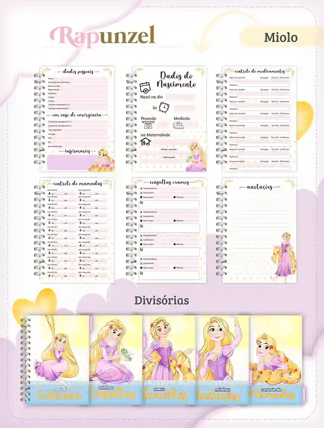 Livro do bebê e caderneta de saúde Rapunzel para imprimir em caderno de anotações com capa em PNG e miolo em PDF