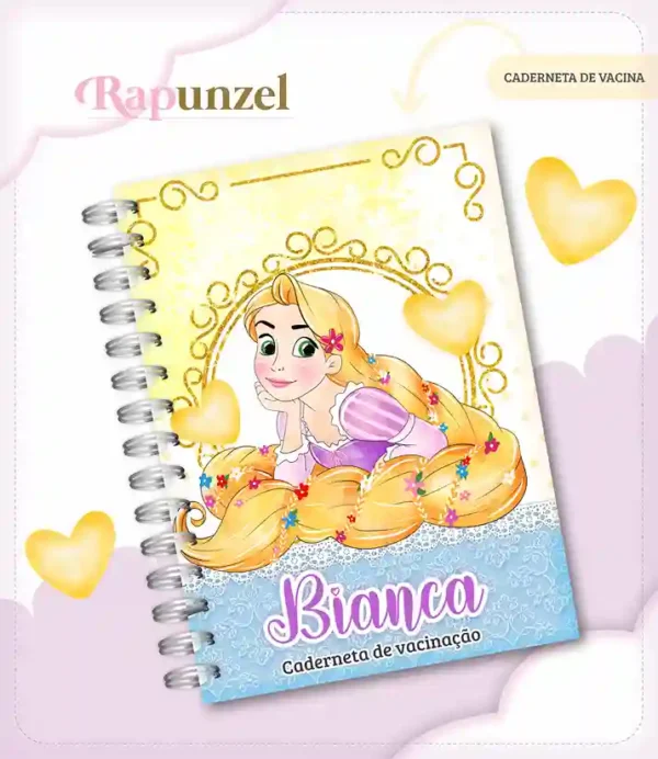 Caderneta e livro do bebê Rapunzel para imprimir em caderno de anotações com capa em PNG e miolo em PDF