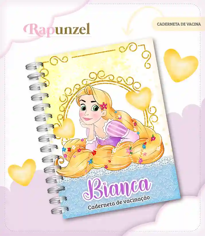 Caderneta e livro do bebê Rapunzel para imprimir em caderno de anotações com capa em PNG e miolo em PDF