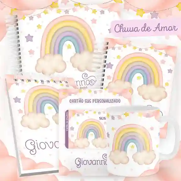 Caderneta e livro do bebê Chuva de Amor para imprimir em caderno de anotações com capa em PNG e miolo em PDF