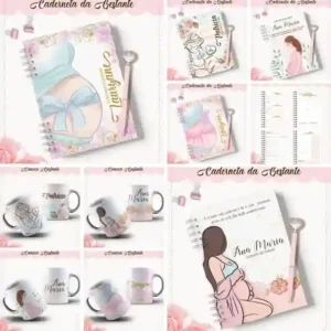 Livro de memórias e caderneta da gestante para imprimir em caderno de anotações com capa em PNG e miolo em PDF
