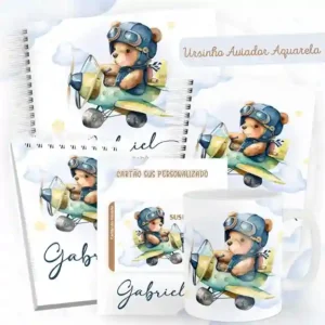 Caderneta e livro do bebê Ursinho Aviador para imprimir em caderno de anotações com capa em PNG e miolo em PDF