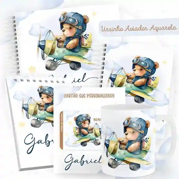 Caderneta e livro do bebê Ursinho Aviador para imprimir em caderno de anotações com capa em PNG e miolo em PDF