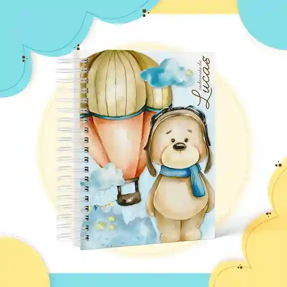 Livro do bebê e caderneta de saúde Ursinho Baloeiro para imprimir em caderno de anotações com capa em PNG e miolo em PDF