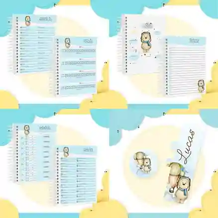 Caderneta de vacinação e livro do bebê Ursinho Baloeiro em caderno de anotações para imprimir com capa em PNG e miolo em PDF