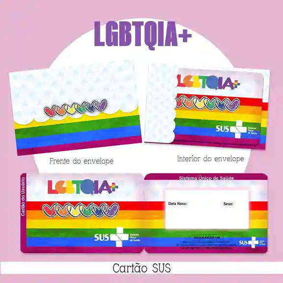 Cartão do SUS digital personalizado LGBTQIA+ para imprimir com arte frente e verso em PNG e PDF