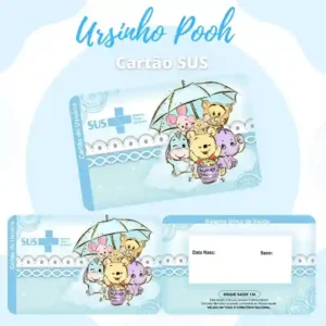 Cartão do SUS digital personalizado Ursinho Pooh para imprimir com arte frente e verso em PNG e PDF