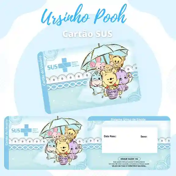 Cartão do SUS digital personalizado Ursinho Pooh para imprimir com arte frente e verso em PNG e PDF