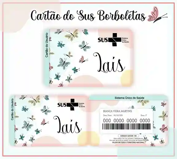 Cartão do SUS digital personalizado Borboletas para imprimir com arte frente e verso em PNG e PDF