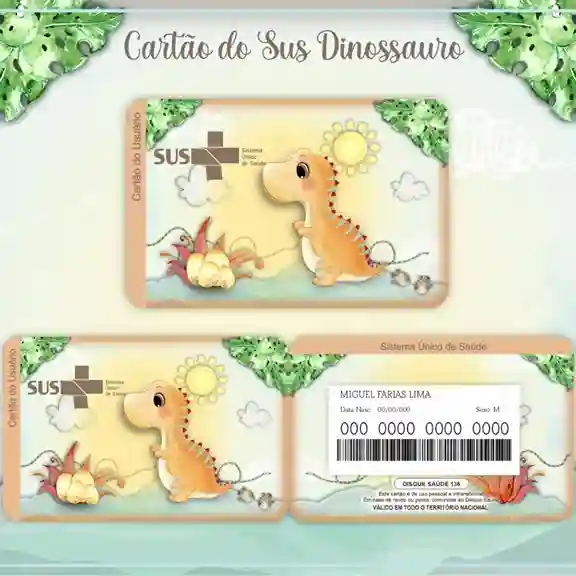 Cartão do SUS digital personalizado Dinossauro para imprimir com arte frente e verso em PNG e PDF