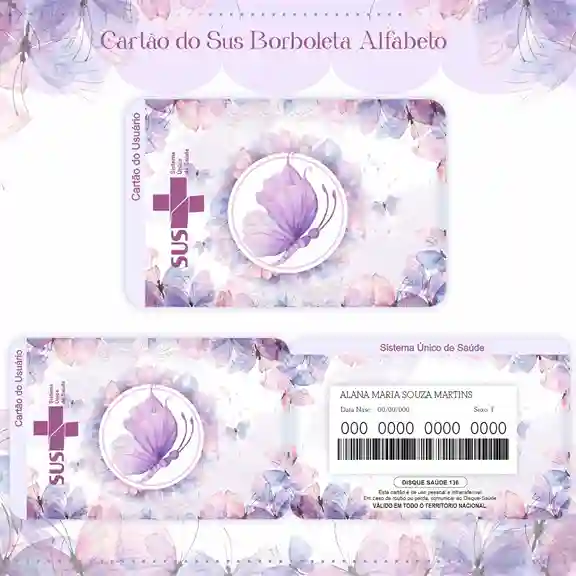 Cartão do SUS digital personalizado Borboletas para imprimir com arte frente e verso em PNG e PDF