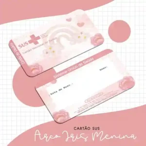 Cartão do SUS digital personalizado Arco-Íris Menina para imprimir com arte frente e verso em PNG e PDF