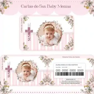 Cartão do SUS digital personalizado Bebê Menina para imprimir com arte frente e verso em PNG e PDF