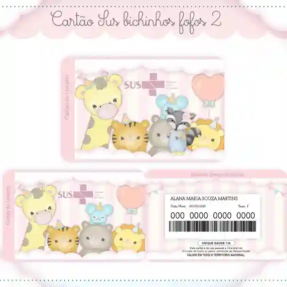 Cartão do SUS digital personalizado Bichinhos Fofos para imprimir com arte frente e verso em PNG e PDF