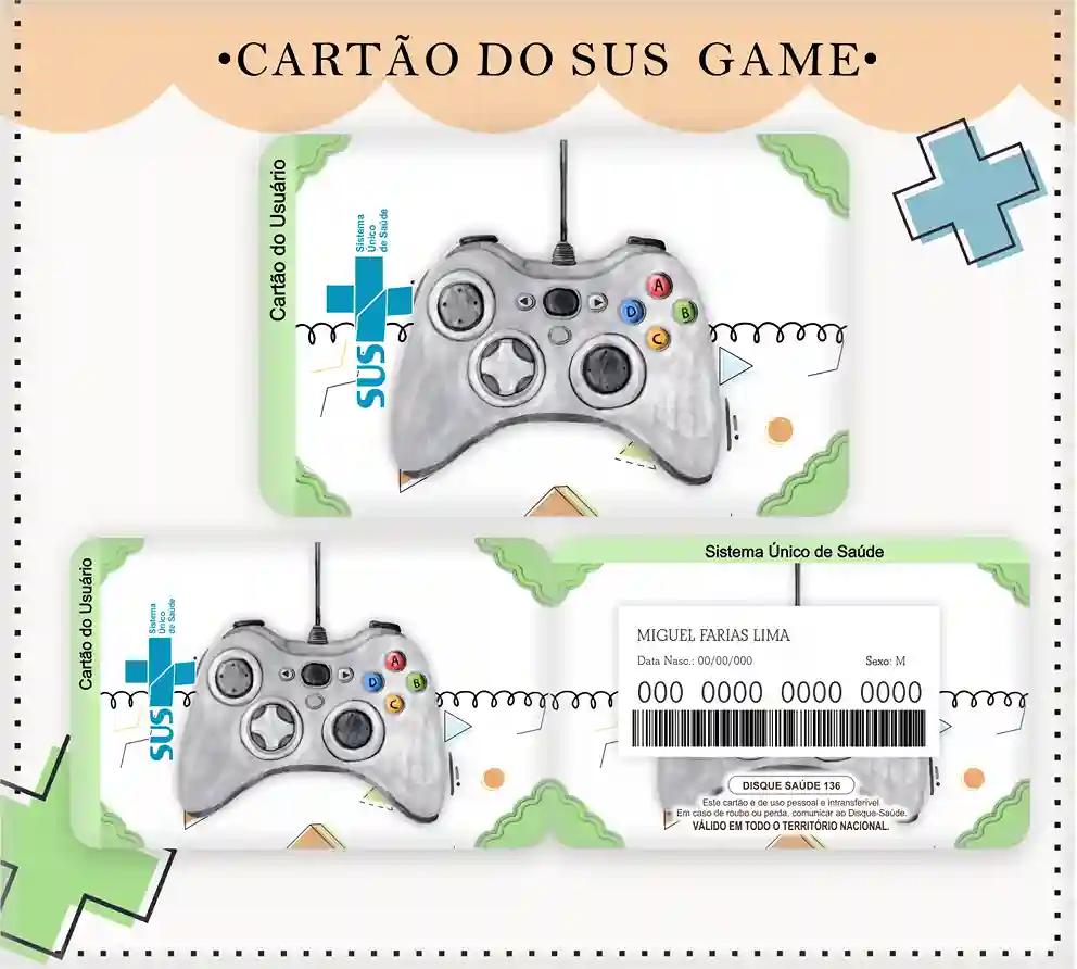 Cartão do SUS digital personalizado Controle Xbox para imprimir com arte frente e verso em PNG e PDF