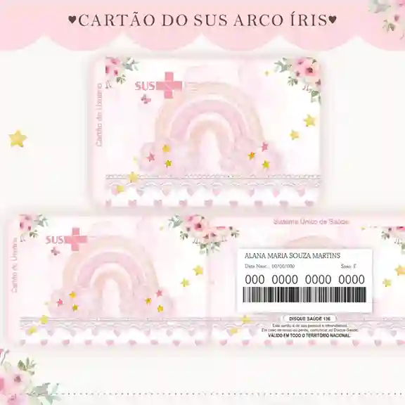 Cartão do SUS digital personalizado Arco-Íris para imprimir com arte frente e verso em PNG e PDF