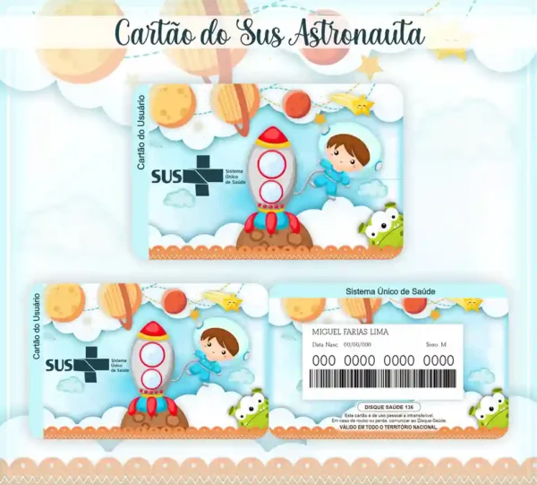 Cartão do SUS digital personalizado Astronauta para imprimir com arte frente e verso em PNG e PDF