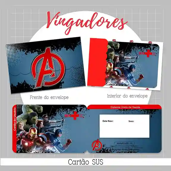 Cartão do SUS digital personalizado Avengers para imprimir com arte frente e verso em PNG e PDF