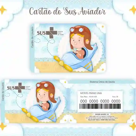Cartão do SUS digital personalizado Aviador para imprimir com arte frente e verso em PNG e PDF