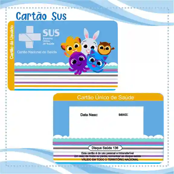 Cartão do SUS digital personalizado Bolofofos para imprimir com arte frente e verso em PNG e PDF