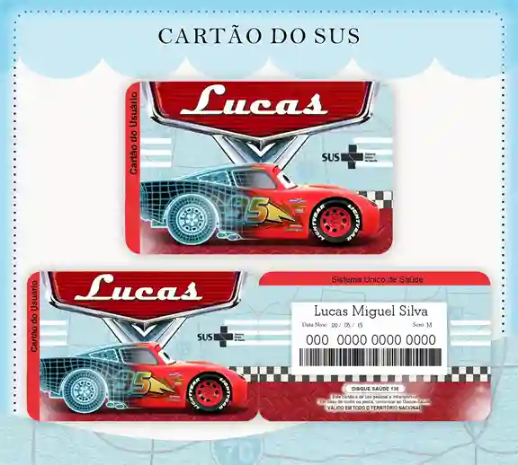 Cartão do SUS digital personalizado Carros para imprimir com arte frente e verso em PNG e PDF