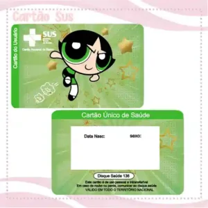 Cartão do SUS digital personalizado Docinho Meninas Superpoderosas para imprimir com arte frente e verso em PNG e PDF