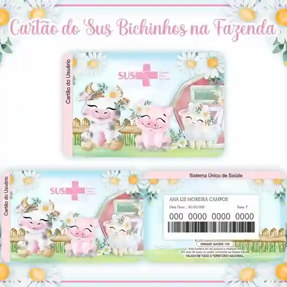 Cartão do SUS digital personalizado Fazenda para imprimir com arte frente e verso em PNG e PDF