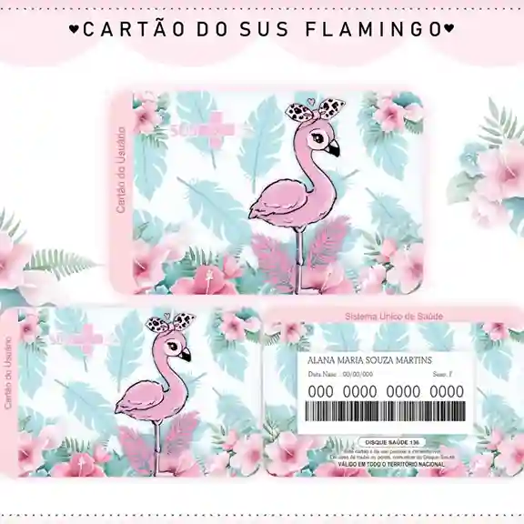 Cartão do SUS digital personalizado Flamingo para imprimir com arte frente e verso em PNG e PDF