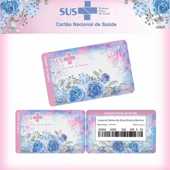 Cartão do SUS digital personalizado Floral Azul para imprimir com arte frente e verso em PNG e PDF