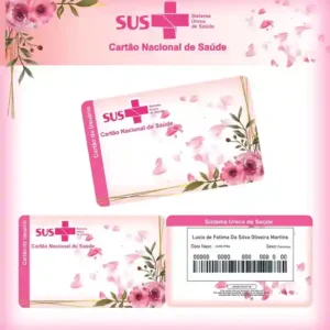 Cartão do SUS digital personalizado Floral Rosa para imprimir com arte frente e verso em PNG e PDF