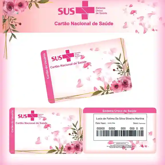 Cartão do SUS digital personalizado Floral Rosa para imprimir com arte frente e verso em PNG e PDF