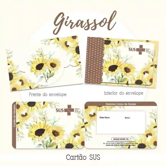 Cartão do SUS digital personalizado Girassol para imprimir com arte frente e verso em PNG e PDF