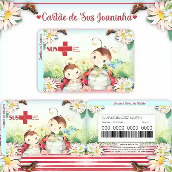 Cartão do SUS digital personalizado Joaninha para imprimir com arte frente e verso em PNG e PDF