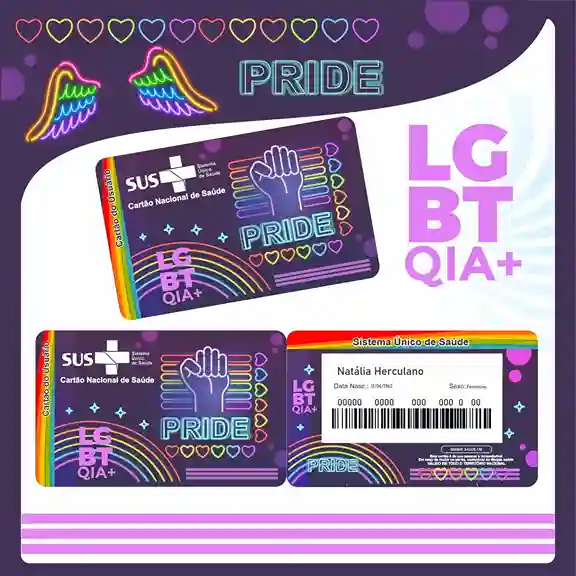 Cartão do SUS digital personalizado LGBT Neon para imprimir com arte frente e verso em PNG e PDF