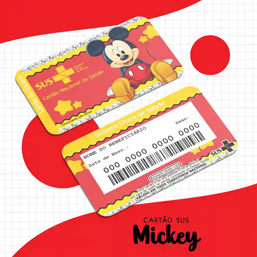 Cartão do SUS digital personalizado Mickey para imprimir com arte frente e verso em PNG e PDF