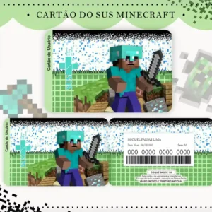 Cartão do SUS digital personalizado Minecraft para imprimir com arte frente e verso em PNG e PDF
