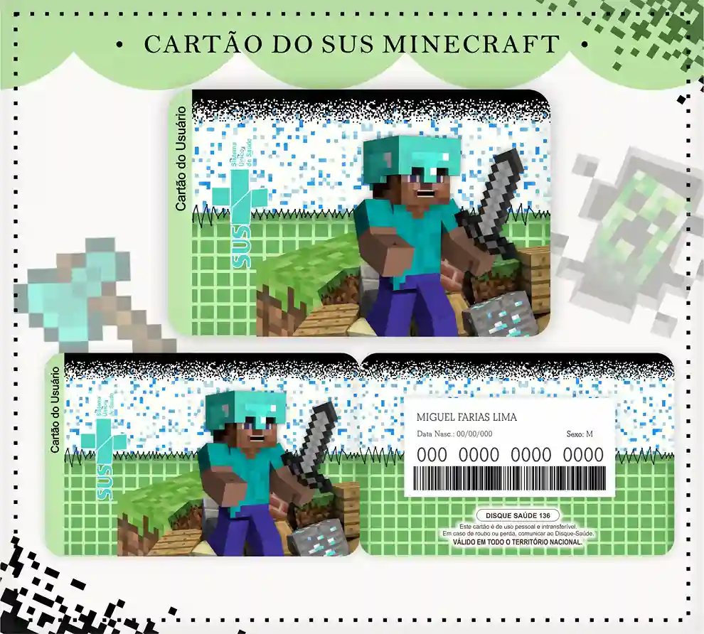 Cartão do SUS digital personalizado Minecraft para imprimir com arte frente e verso em PNG e PDF