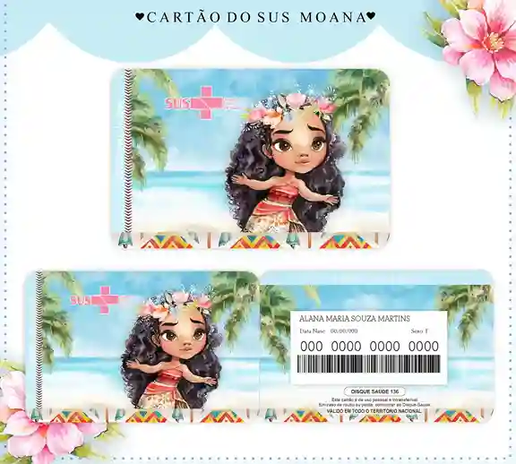 Cartão do SUS digital personalizado Moana para imprimir com arte frente e verso em PNG e PDF