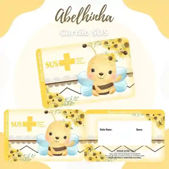 Cartão do SUS digital personalizado Abelhinha para imprimir com arte frente e verso em PNG e PDF