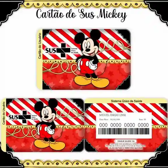 Cartão do SUS digital personalizado Mickey para imprimir com arte frente e verso em PNG e PDF