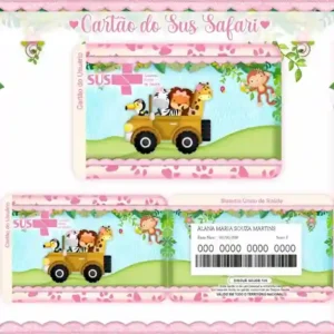 Cartão do SUS digital personalizado Safari Rosa para imprimir com arte frente e verso em PNG e PDF