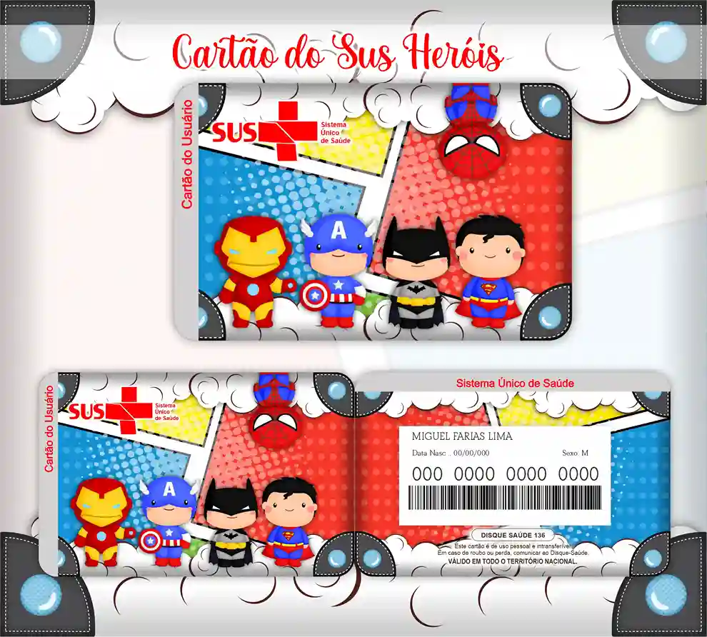 Cartão do SUS Digital Super Heróis Imprimir