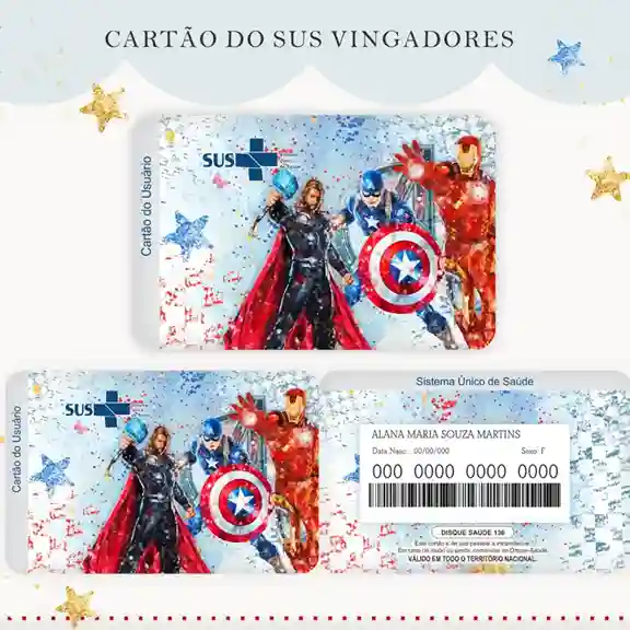 Cartão do SUS digital personalizado Vingadores para imprimir com arte frente e verso em PNG e PDF