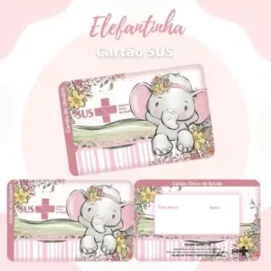 Cartão do SUS digital personalizado Elefantinha Rosa para imprimir com arte frente e verso em PNG e PDF