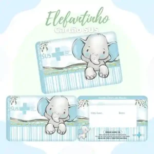 Cartão do SUS digital personalizado Elefantinho Azul para imprimir com arte frente e verso em PNG e PDF