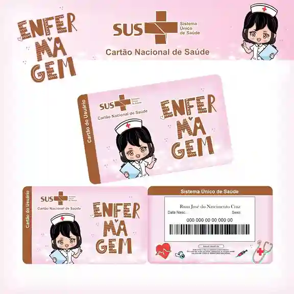 Cartão do SUS digital personalizado Enfermagem Feminina para imprimir com arte frente e verso em PNG e PDF